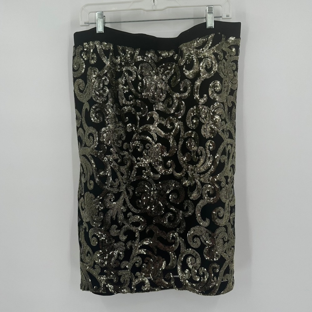 Womens Black Gold Sequin Damask Pencil Skirt Size 14/16W Holiday Party Glam